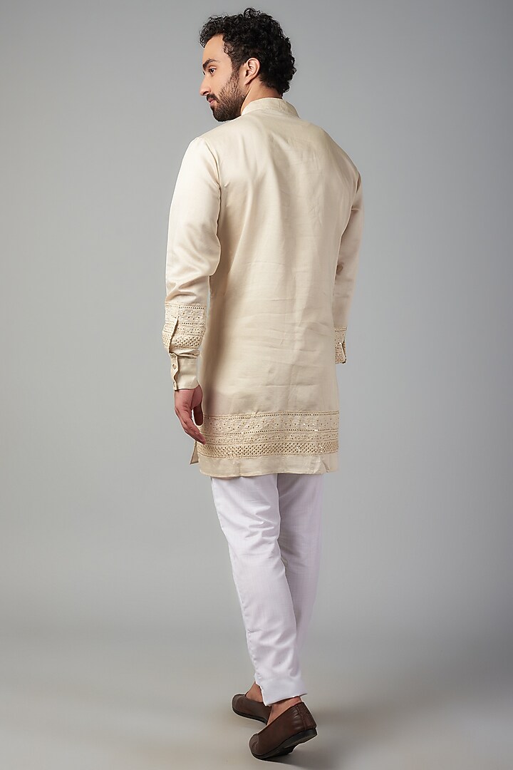 Cream Cotton Silk Applique Embroidered Kurta Set For Boys by Spring Break- Kids at Pernia's Pop Up Shop