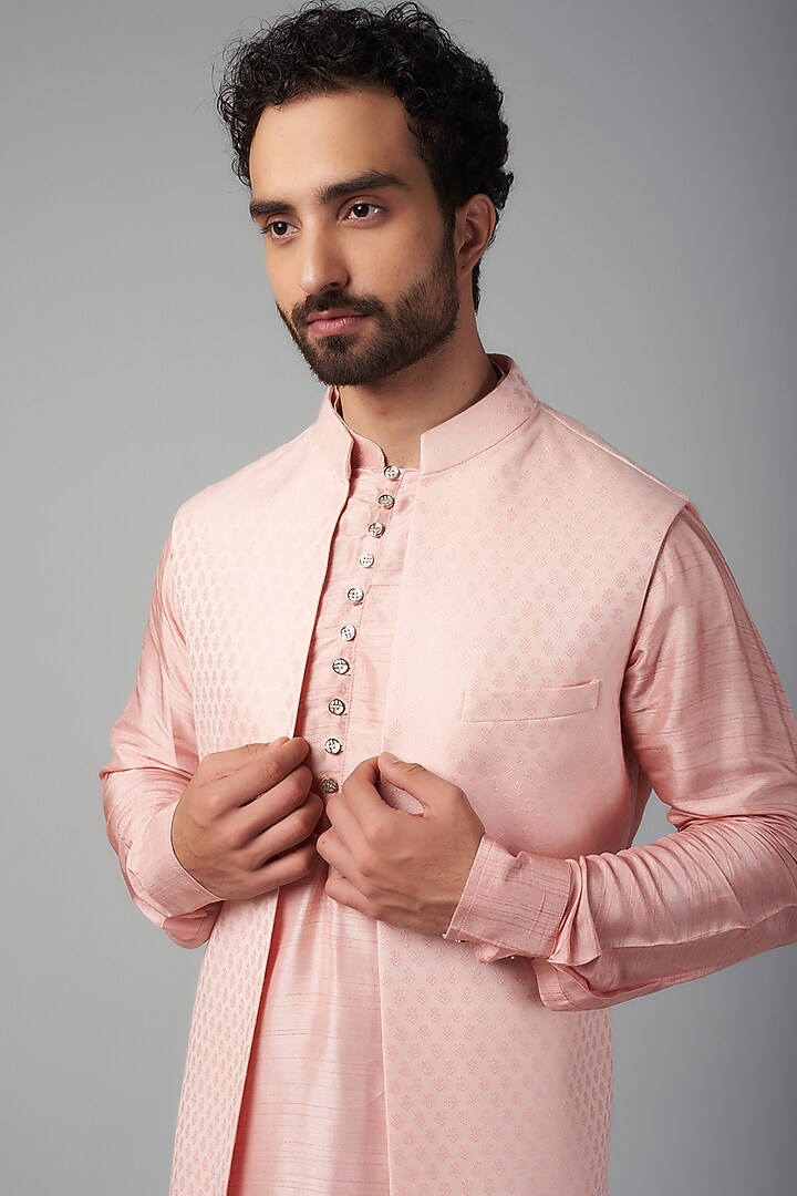 Pink Jacquard Indowestern Set For Boys by Spring Break- Kids at Pernia's Pop Up Shop