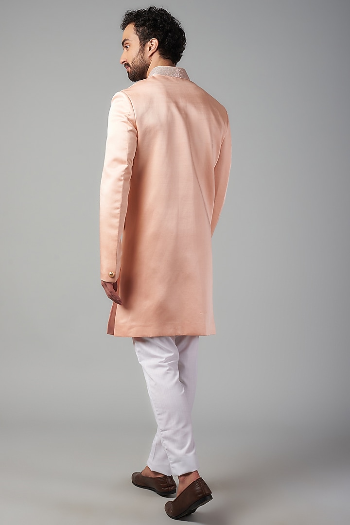 Light Pink Linen Satin Sequins Embroidered Sherwani Set For Boys by Spring Break- Kids at Pernia's Pop Up Shop