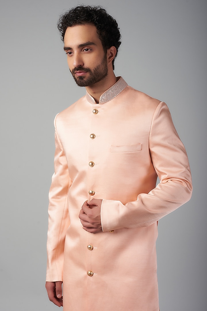 Light Pink Linen Satin Sequins Embroidered Sherwani Set For Boys by Spring Break- Kids at Pernia's Pop Up Shop