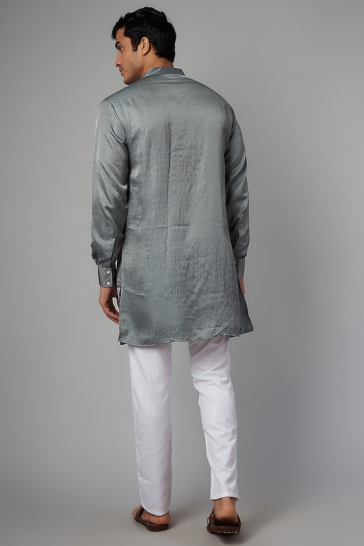 Grey Art Silk Kurta Set For Boys by Spring Break- Kids at Pernia's Pop Up Shop
