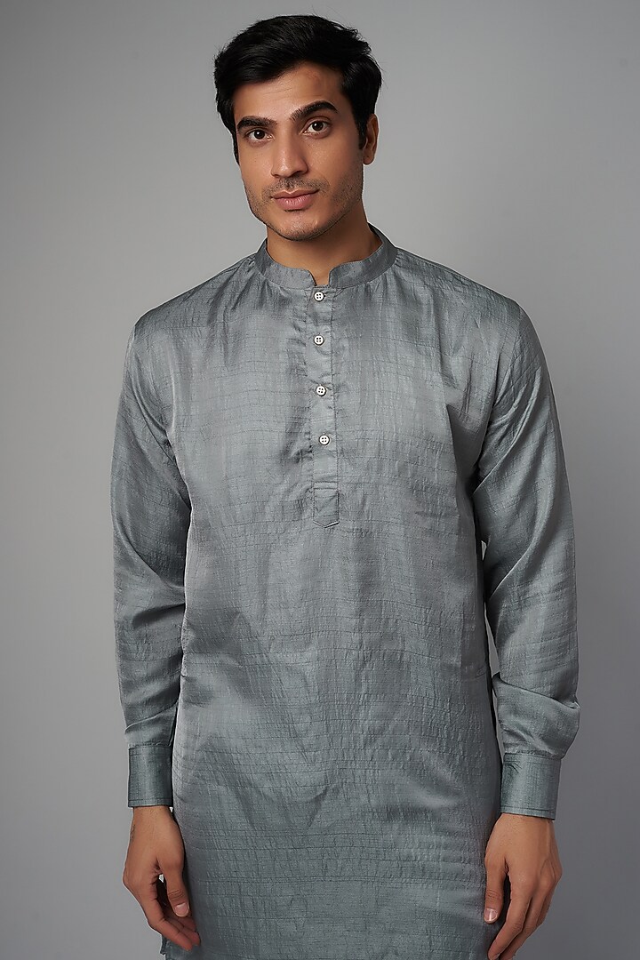 Grey Art Silk Kurta Set For Boys by Spring Break- Kids at Pernia's Pop Up Shop