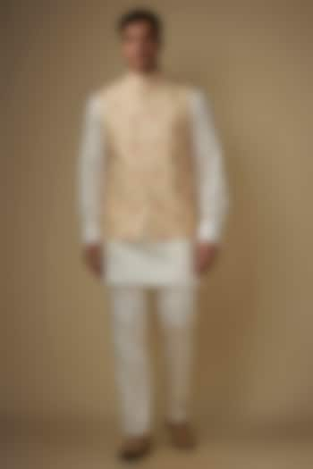 Cream Blended Silk Embroidered Bundi Jacket Set For Boys by Spring Break- Kids