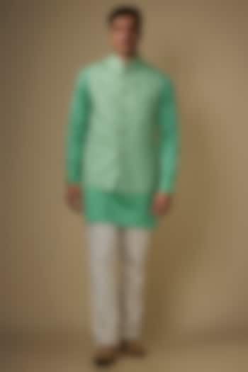 Mint Green Blended Silk Floral Embroidered Bundi Jacket Set For Boys by Spring Break- Kids