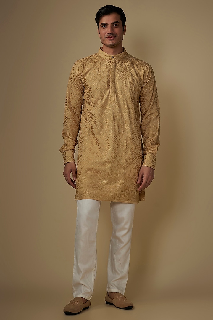 Gold Blended Silk Applique Embroidered Kurta Set For Boys by Spring Break- Kids