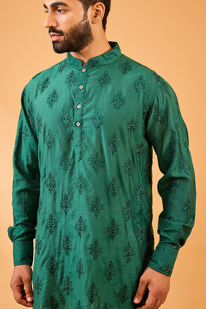 Emerald Green Dupion Silk Floral Embroidered Kurta Set For Boys by Spring Break- Kids at Pernia's Pop Up Shop