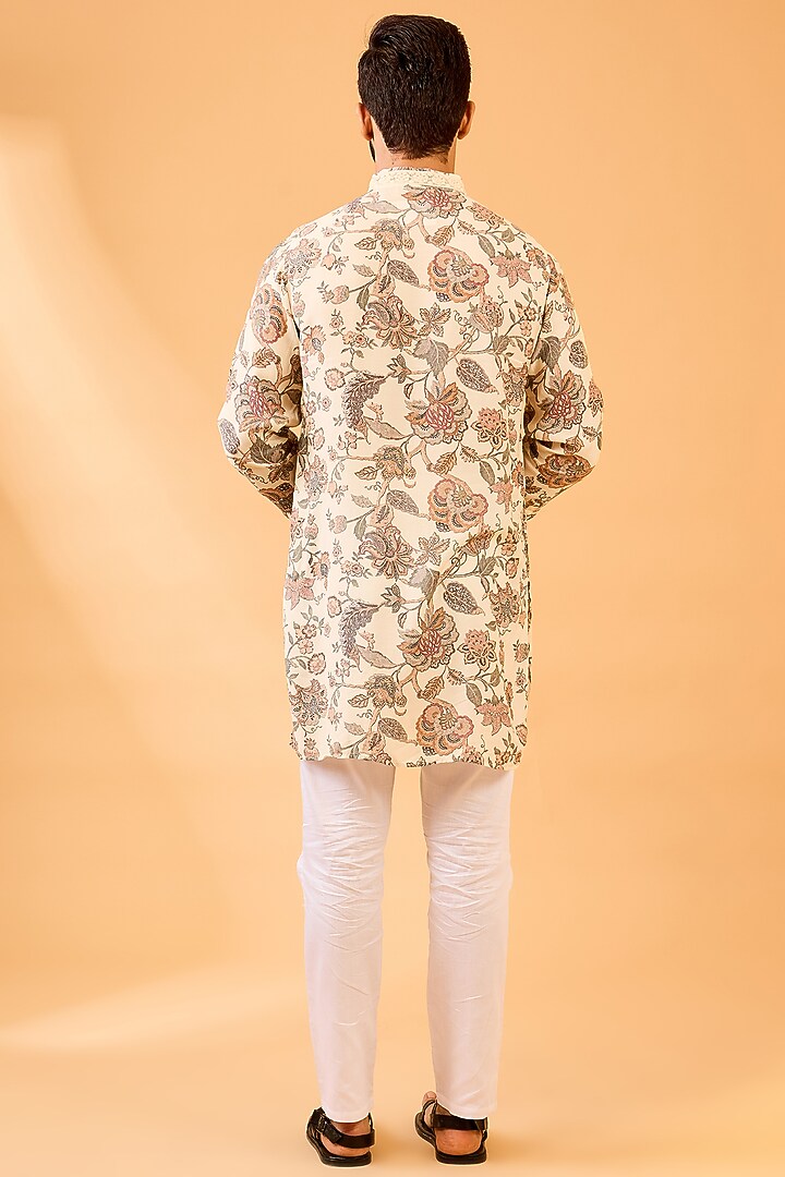 Cream Muslin Silk Floral Printed Kurta Set For Boys by Spring Break- Kids at Pernia's Pop Up Shop