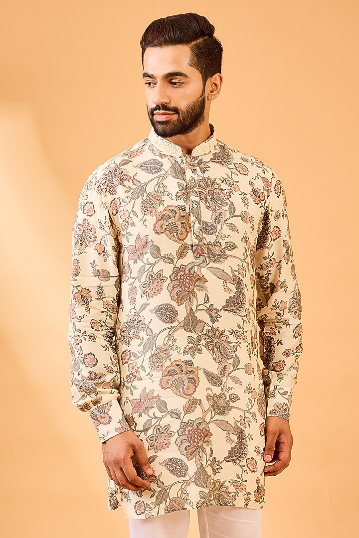 Cream Muslin Silk Floral Printed Kurta Set For Boys by Spring Break- Kids at Pernia's Pop Up Shop