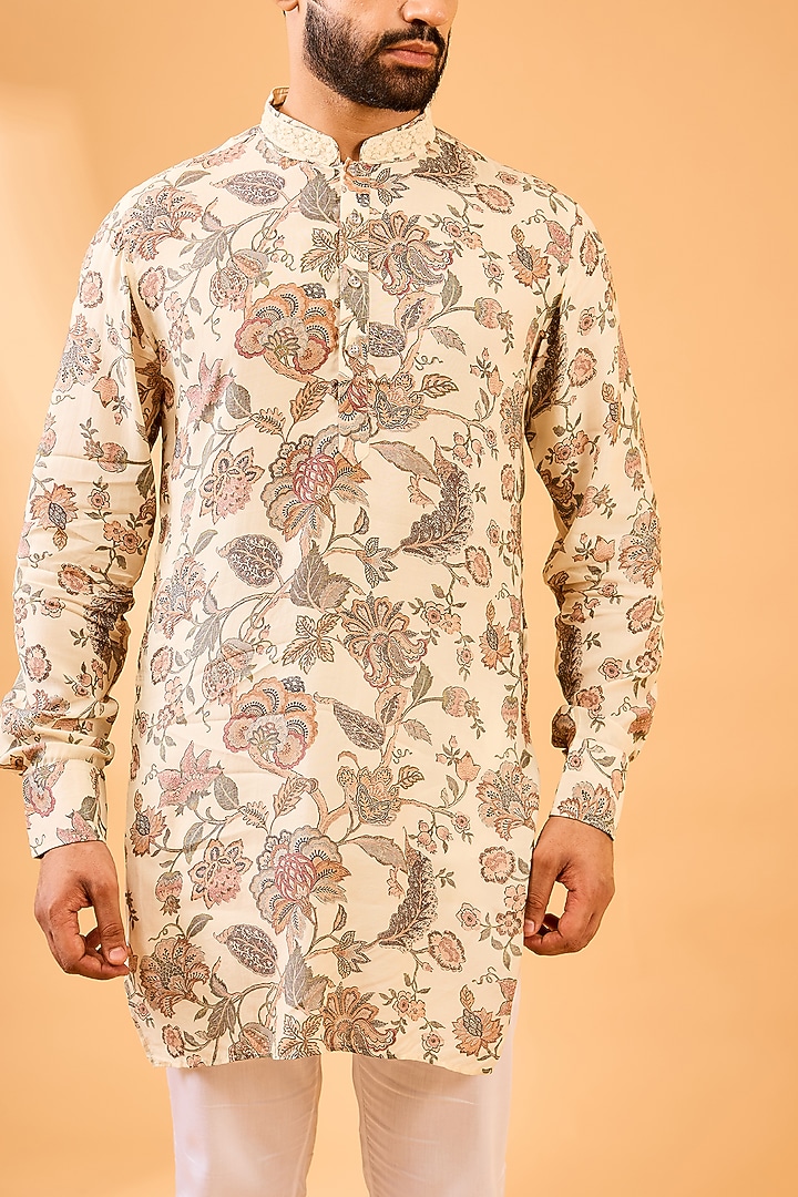Cream Muslin Silk Floral Printed Kurta Set For Boys by Spring Break- Kids at Pernia's Pop Up Shop