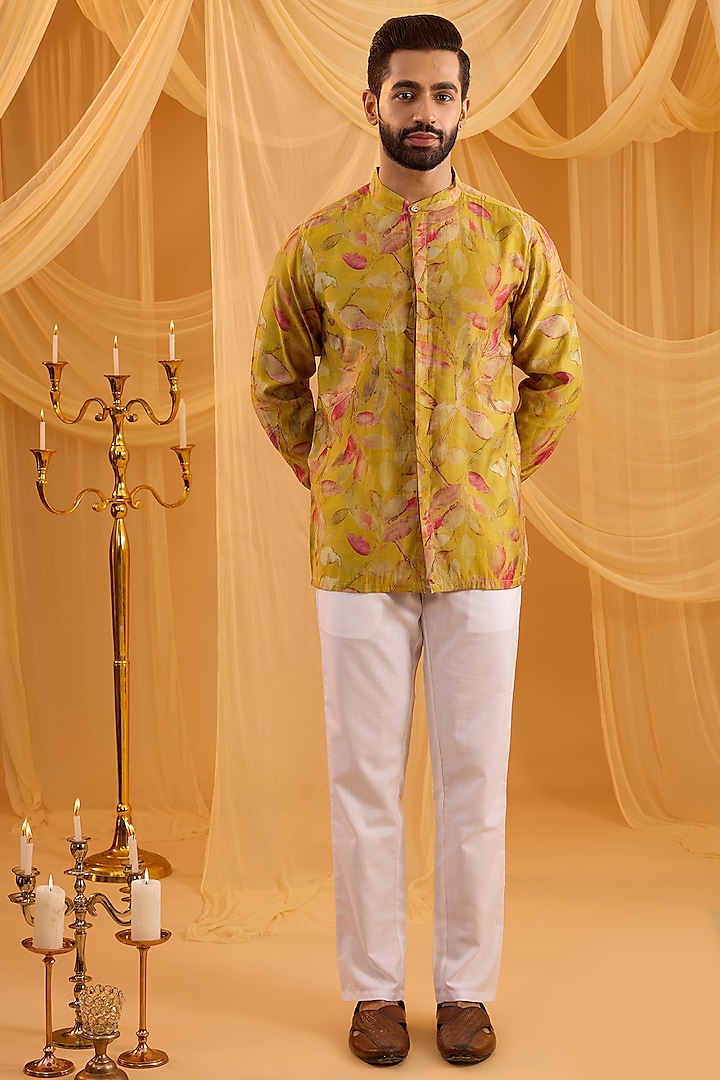 Yellow Blended Silk Floral Printed Indo-Western Set For Boys by Spring Break- Kids