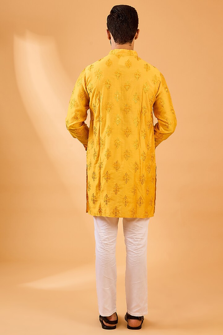 Mustard Dupion Silk Floral Embroidered Kurta Set For Boys by Spring Break- Kids at Pernia's Pop Up Shop