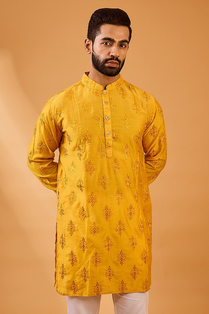 Mustard Dupion Silk Floral Embroidered Kurta Set For Boys by Spring Break- Kids at Pernia's Pop Up Shop