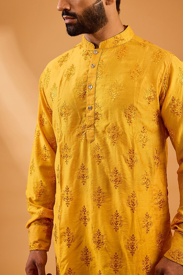 Mustard Dupion Silk Floral Embroidered Kurta Set For Boys by Spring Break- Kids at Pernia's Pop Up Shop