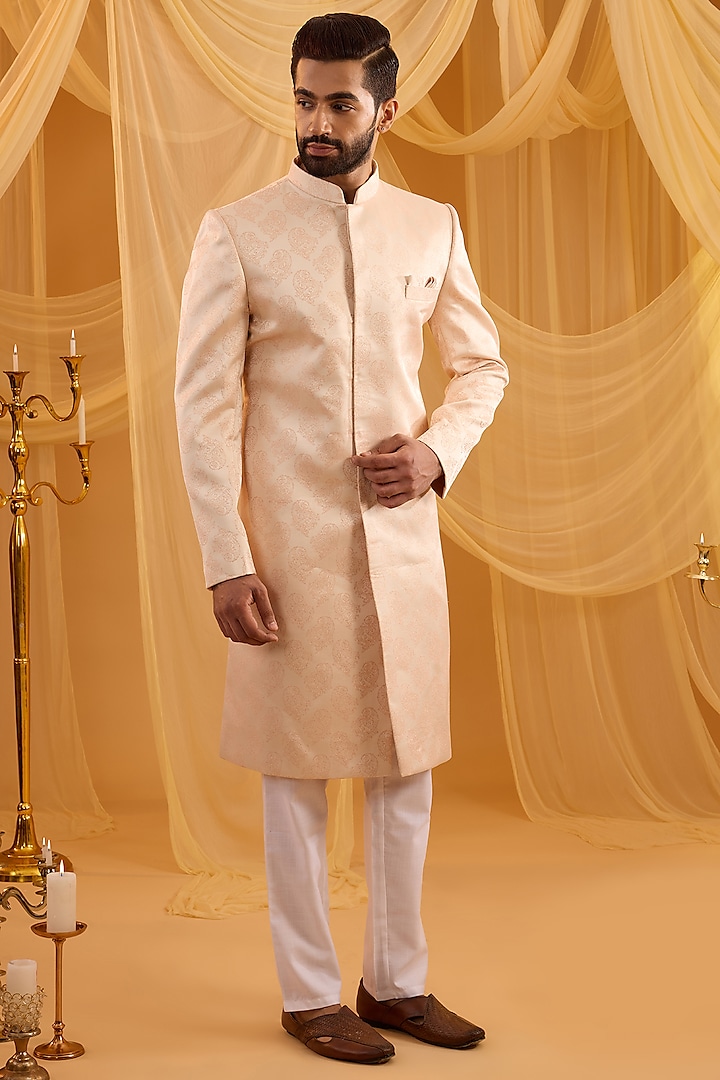 Pale Pink Cotton Silk Floral Motif Embroidered Sherwani Set For Boys by Spring Break- Kids