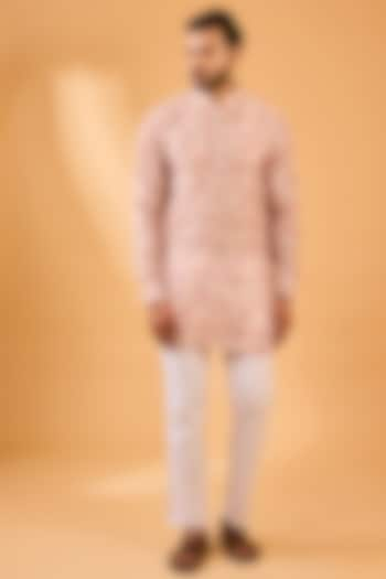 Pink Muslin Silk Floral Printed Kurta Set For Boys by Spring Break- Kids