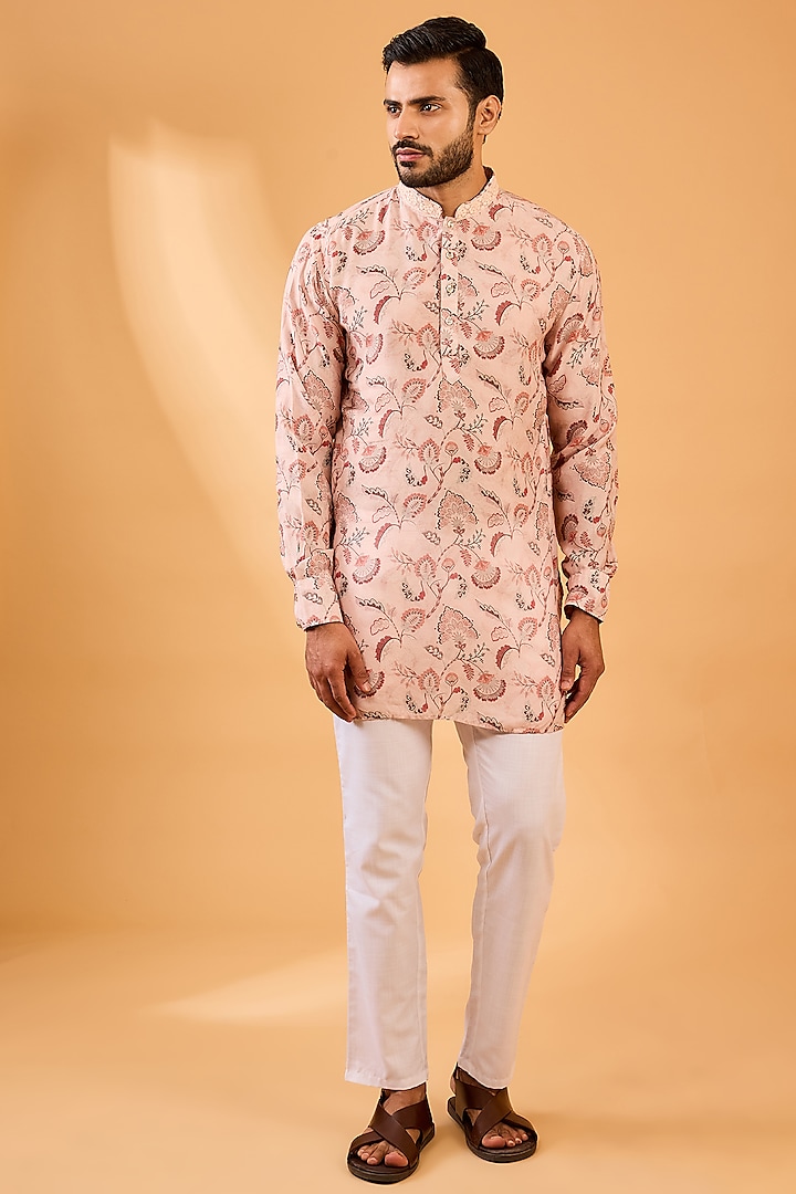 Pink Muslin Silk Floral Printed Kurta Set For Boys by Spring Break- Kids