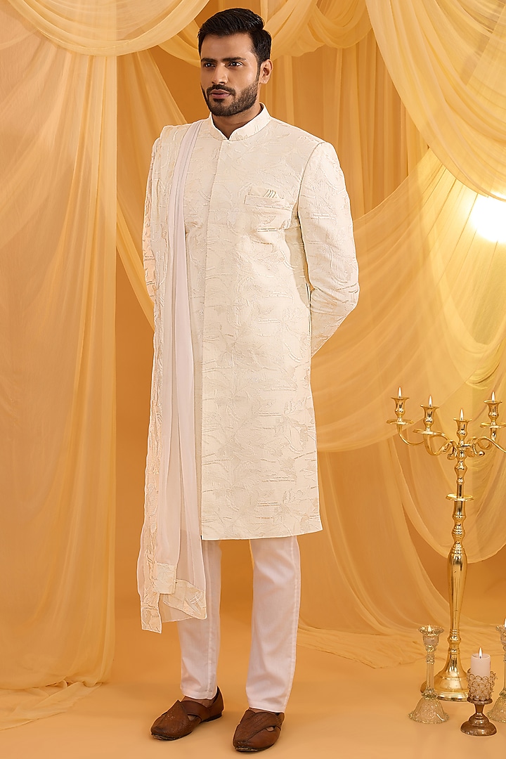 White Dupion Silk Floral Embroidered Sherwani Set For Boys by Spring Break- Kids