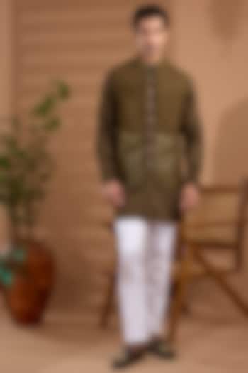 Brown Blended Silk Foil Printed Bundi Jacket Set For Boys by Spring Break- Kids at Pernia's Pop Up Shop