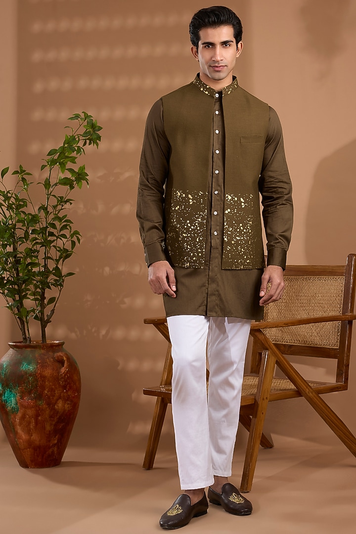 Brown Blended Silk Foil Printed Bundi Jacket Set For Boys by Spring Break- Kids at Pernia's Pop Up Shop