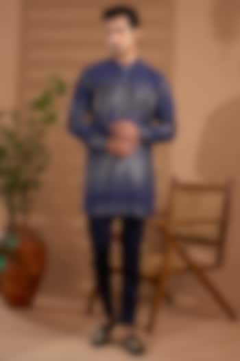 Navy Blue Blended Silk Sequins Embroidered Kurta Set For Boys by Spring Break- Kids at Pernia's Pop Up Shop