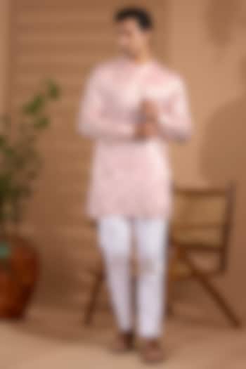 Light Pink Blended Silk Embroidered Kurta Set For Boys by Spring Break- Kids at Pernia's Pop Up Shop