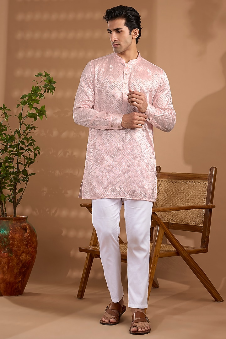 Light Pink Blended Silk Embroidered Kurta Set For Boys by Spring Break- Kids at Pernia's Pop Up Shop