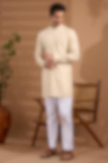 Ivory Blended Silk Embroidered Kurta Set For Boys by Spring Break- Kids at Pernia's Pop Up Shop