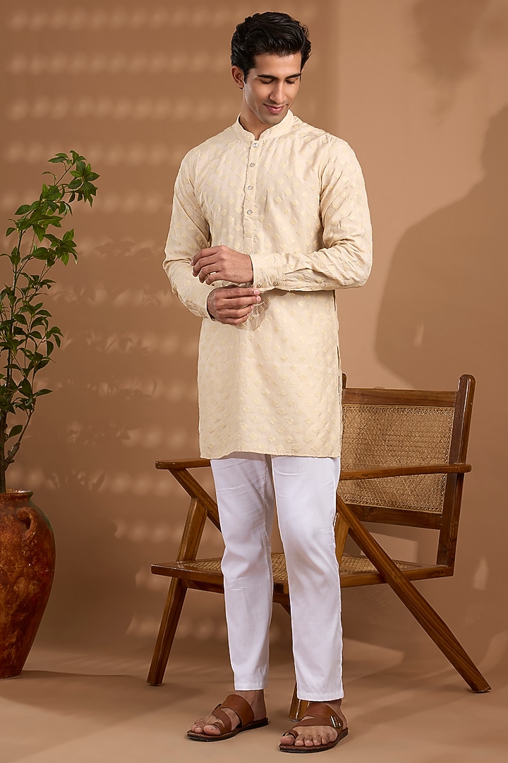 Ivory Blended Silk Embroidered Kurta Set For Boys by Spring Break- Kids at Pernia's Pop Up Shop