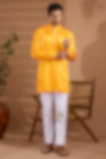 Mustard Yellow Blended Silk Embroidered Kurta Set For Boys by Spring Break- Kids at Pernia's Pop Up Shop