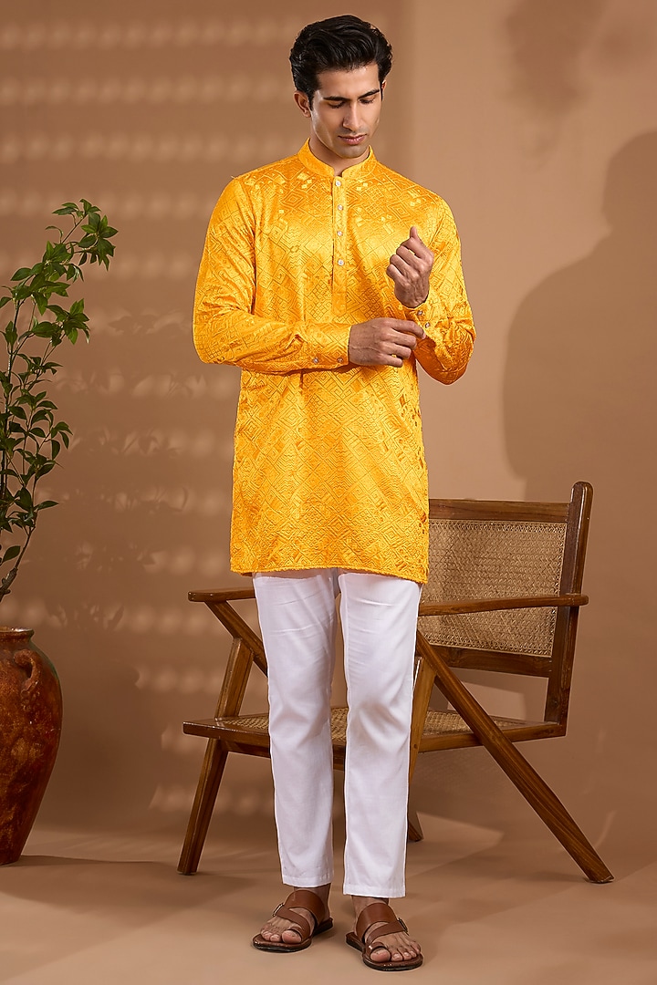 Mustard Yellow Blended Silk Embroidered Kurta Set For Boys by Spring Break- Kids at Pernia's Pop Up Shop