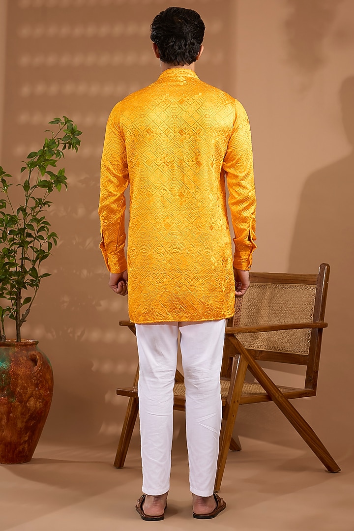Mustard Yellow Blended Silk Embroidered Kurta Set For Boys by Spring Break- Kids at Pernia's Pop Up Shop