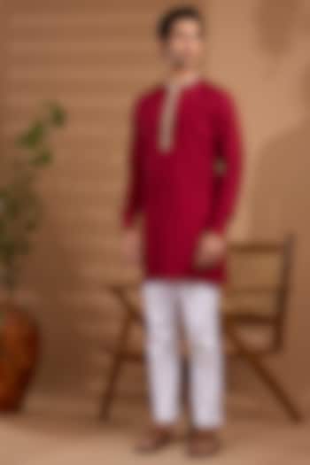 Maroon Blended Silk Embroidered Kurta Set For Boys by Spring Break- Kids at Pernia's Pop Up Shop