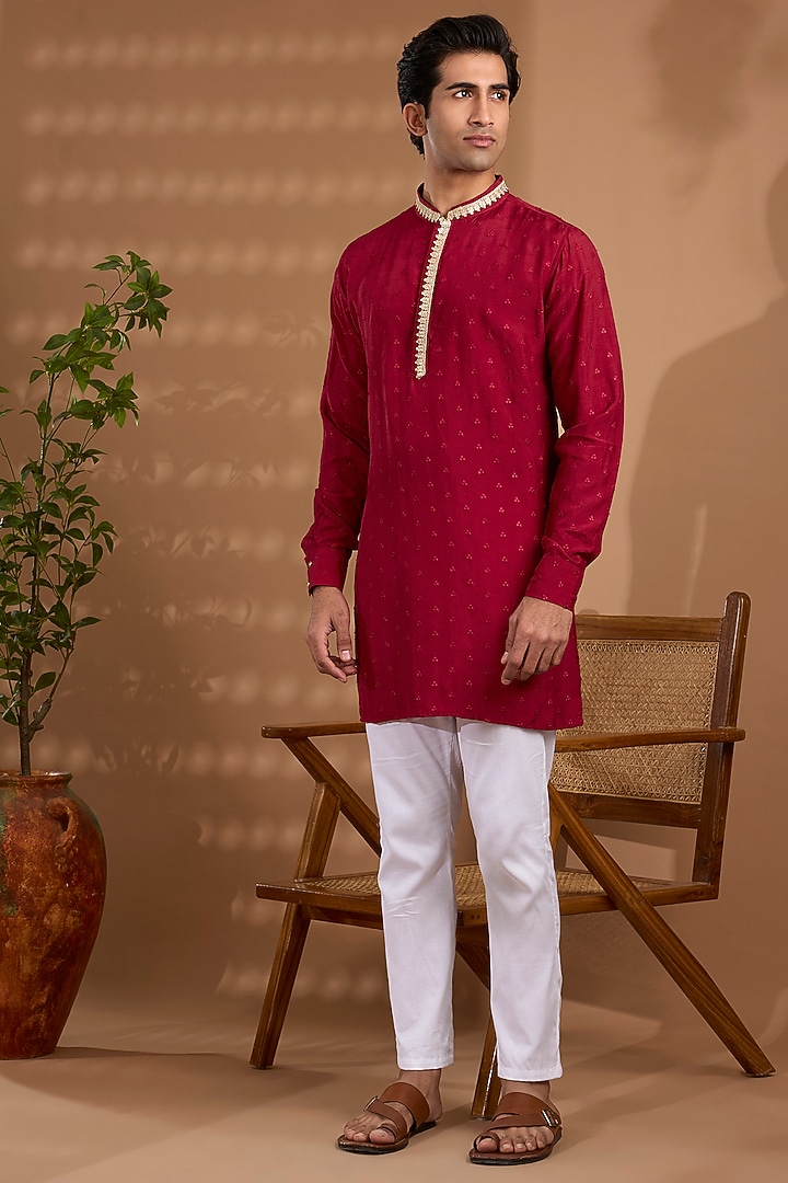 Maroon Blended Silk Embroidered Kurta Set For Boys by Spring Break- Kids at Pernia's Pop Up Shop