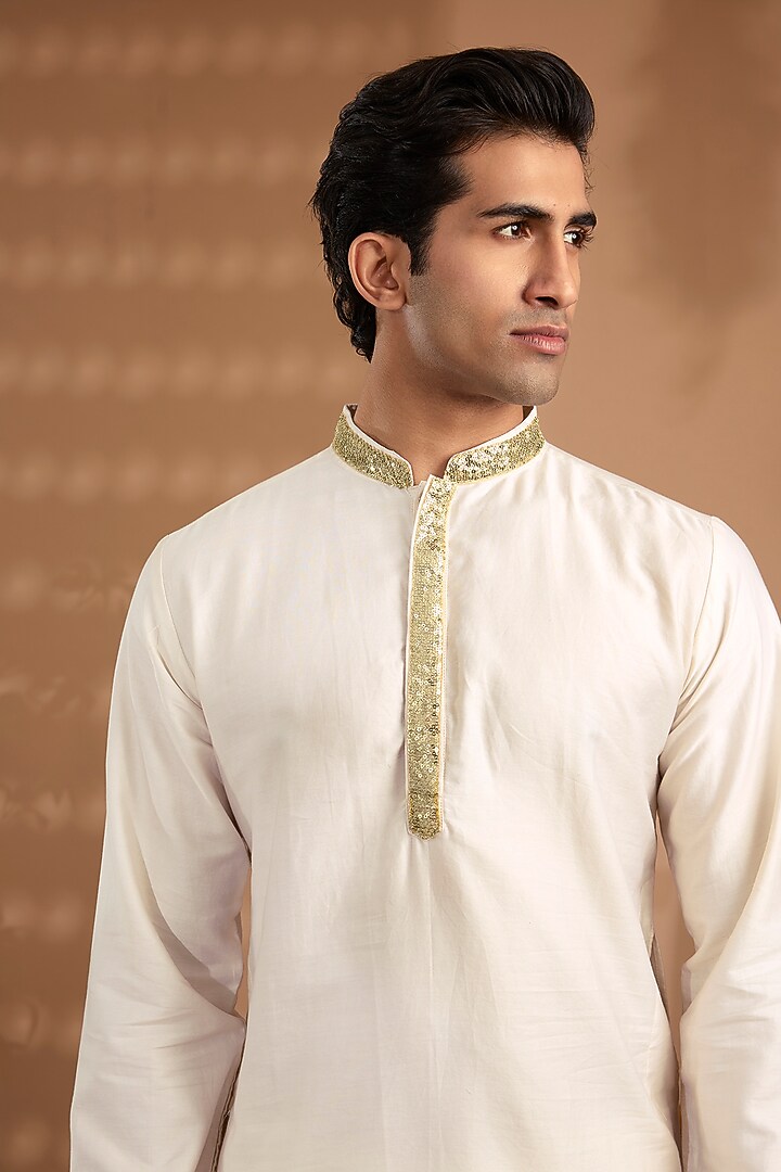 Off-White Blended Silk Embroidered Kurta Set For Boys by Spring Break- Kids at Pernia's Pop Up Shop