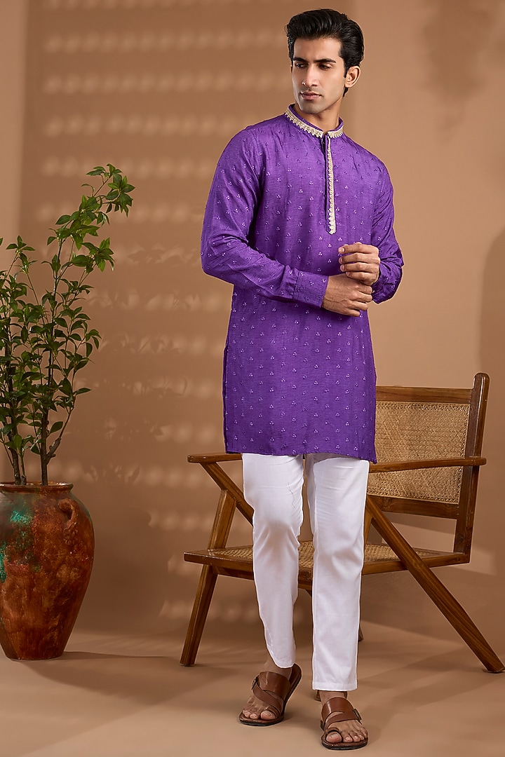Purple Blended Silk Embroidered Kurta Set For Boys by Spring Break- Kids at Pernia's Pop Up Shop