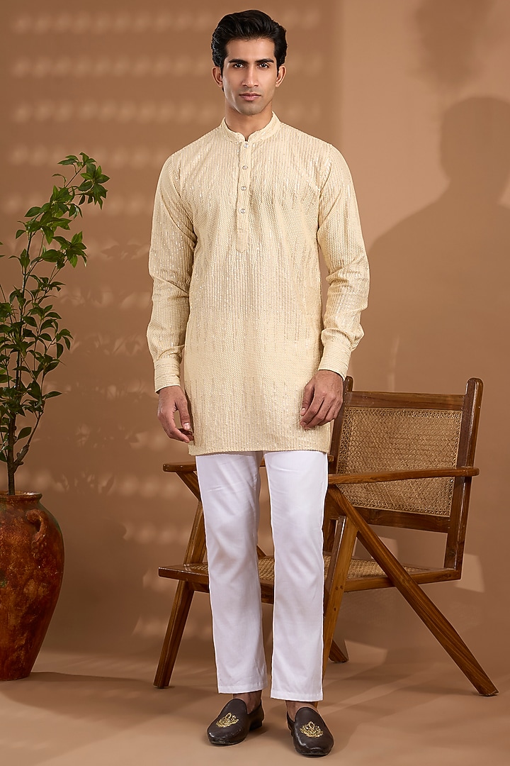 Ivory Blended Silk Sequins Embroidered Kurta Set For Boys by Spring Break- Kids at Pernia's Pop Up Shop