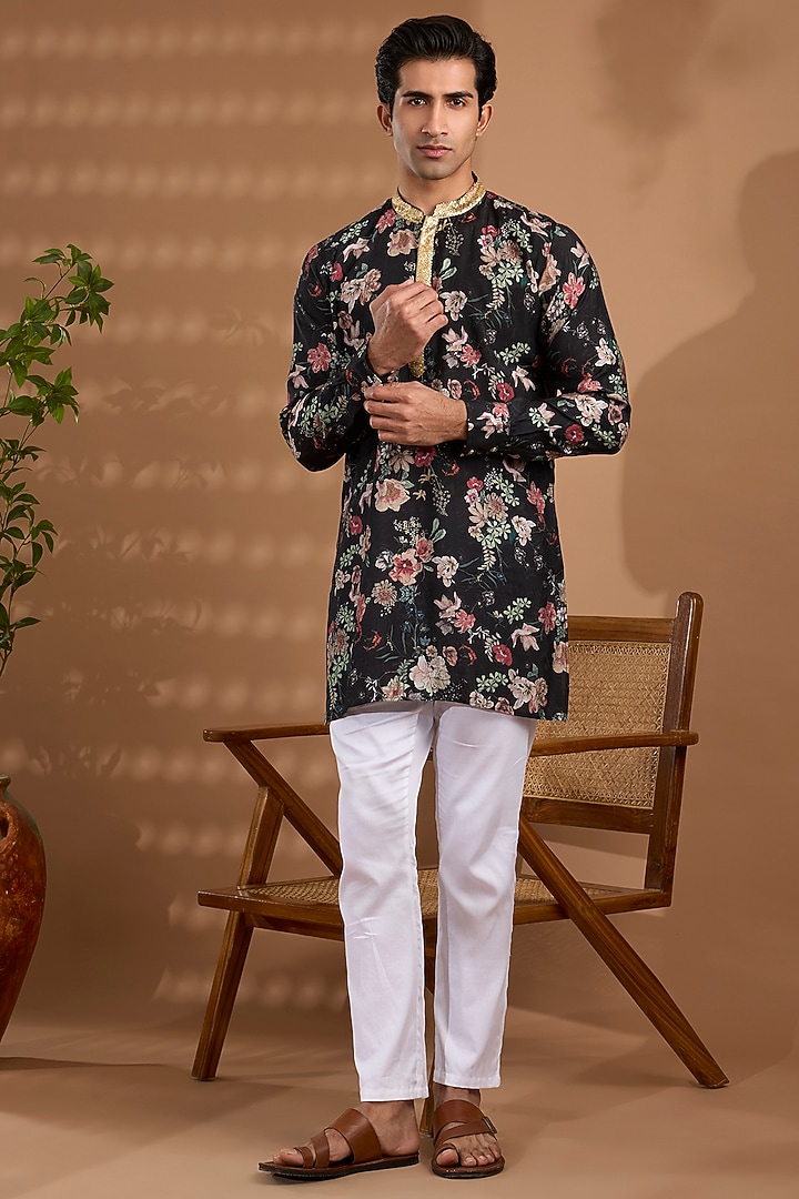 Black Blended Silk Digital Printed Kurta Set For Boys by Spring Break- Kids at Pernia's Pop Up Shop