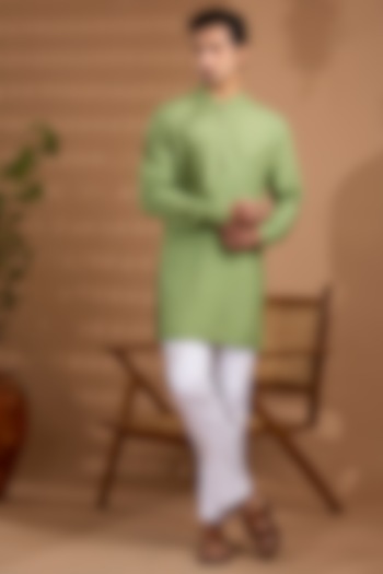 Green Blended Silk Embroidered Kurta Set For Boys by Spring Break- Kids at Pernia's Pop Up Shop