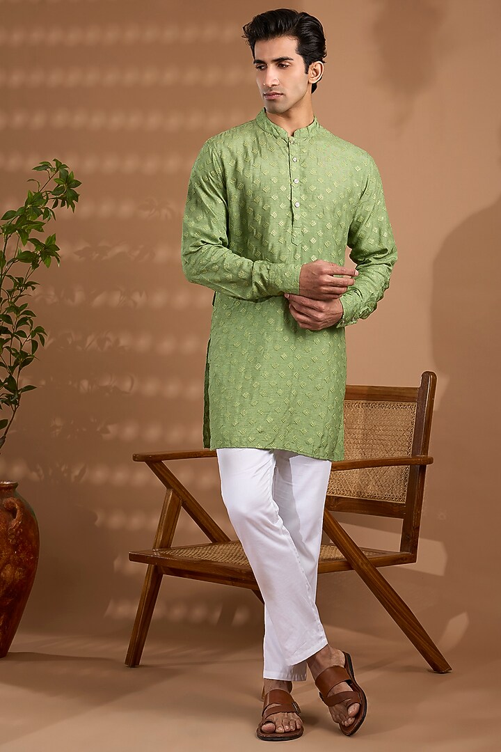 Green Blended Silk Embroidered Kurta Set For Boys by Spring Break- Kids at Pernia's Pop Up Shop