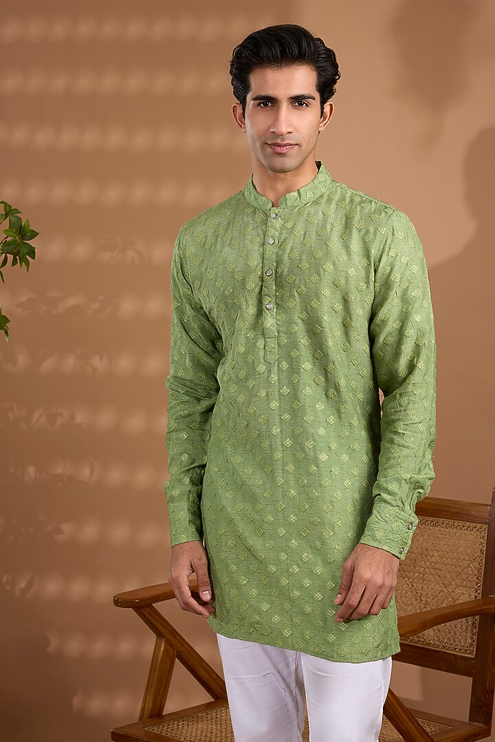 Green Blended Silk Embroidered Kurta Set For Boys by Spring Break- Kids at Pernia's Pop Up Shop