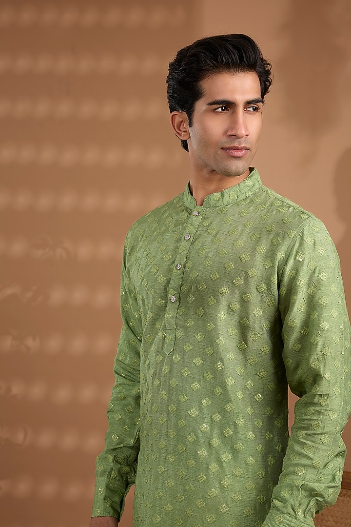 Green Blended Silk Embroidered Kurta Set For Boys by Spring Break- Kids at Pernia's Pop Up Shop