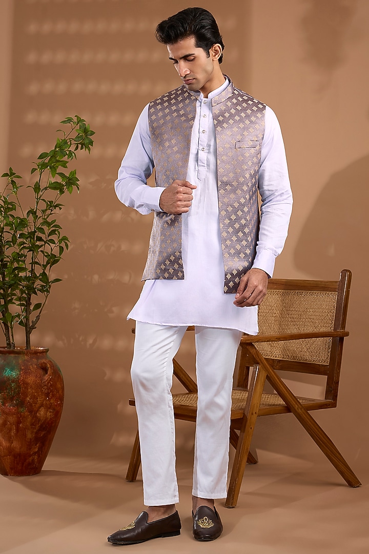 Lilac Blended Silk Embroidered Open-Jacket Set For Boys by Spring Break- Kids at Pernia's Pop Up Shop