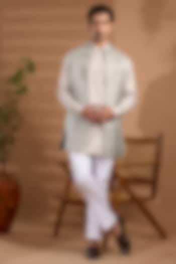 Grey Blended Silk Embroidered Open-Jacket Set For Boys by Spring Break- Kids at Pernia's Pop Up Shop