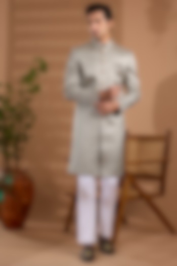 Light Grey Blended Silk Embroidered Sherwani Set For Boys by Spring Break- Kids at Pernia's Pop Up Shop