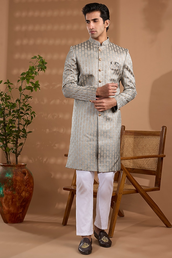Light Grey Blended Silk Embroidered Sherwani Set For Boys by Spring Break- Kids at Pernia's Pop Up Shop