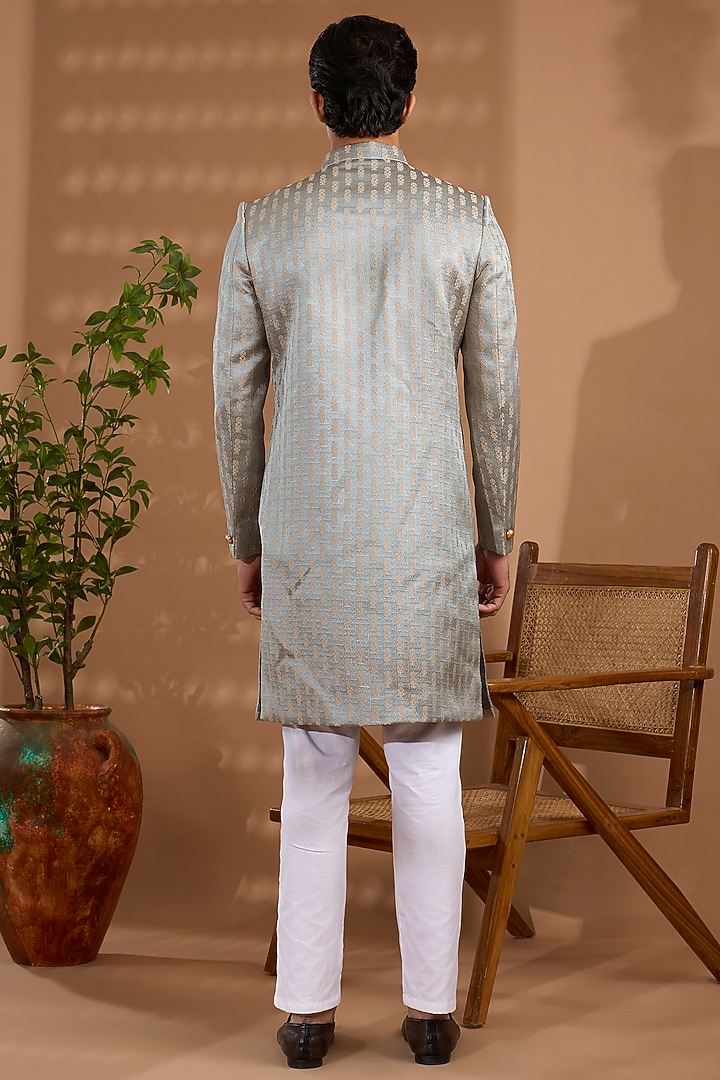 Light Grey Blended Silk Embroidered Sherwani Set For Boys by Spring Break- Kids at Pernia's Pop Up Shop