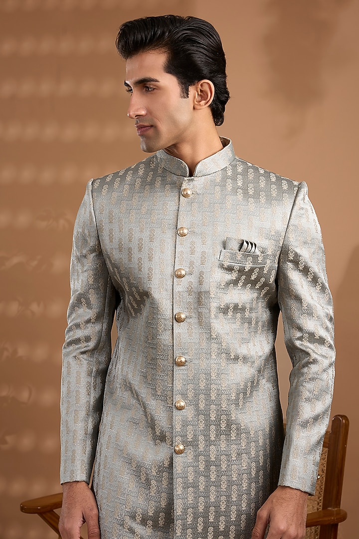 Light Grey Blended Silk Embroidered Sherwani Set For Boys by Spring Break- Kids at Pernia's Pop Up Shop