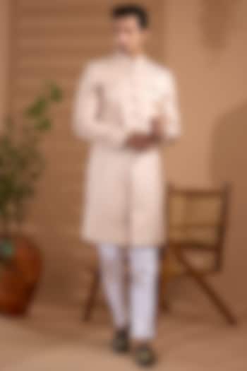 Light Pink Blended Silk Embroidered Sherwani Set For Boys by Spring Break- Kids at Pernia's Pop Up Shop