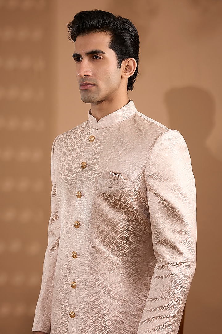 Light Pink Blended Silk Embroidered Sherwani Set For Boys by Spring Break- Kids at Pernia's Pop Up Shop