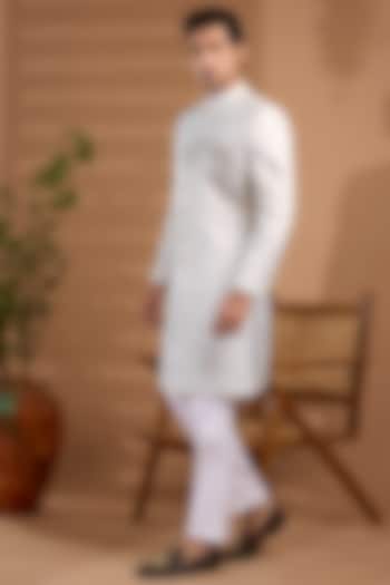 White Blended Silk Embroidered Sherwani Set For Boys by Spring Break- Kids at Pernia's Pop Up Shop